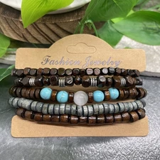 5 PC Handmade Boho Wood Bead Stackable 7” Plus Stretch Charm Bracelet Set B8415