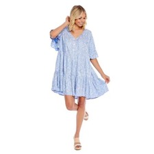 MUDPIE MUD PIE Blue White Print Tiered Mini Babydoll Dress LARGE Flowy Coastal
