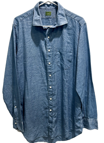 SID MASHBURN Men's Blue Chambray Linen Blend Spread Collar Long Sleeve Shirt L - Picture 2 of 6