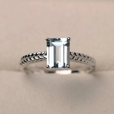 Natural Blue Aquamarine Emerald Cut Sterling Silver Promise Ring For Your Girl