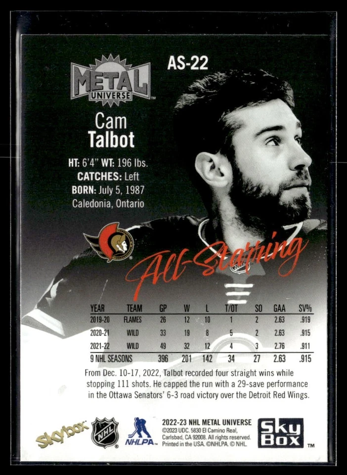 2022-23 Skybox NHL Metal Universe All-Starring #AS-22 Cam Talbot - Image 2 of 2
