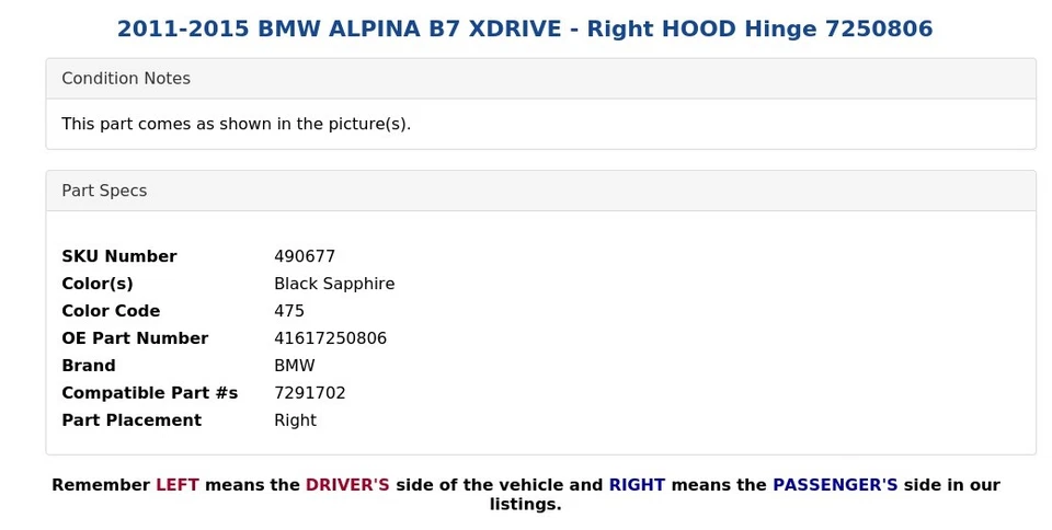 BMW ALPINA B7 XDRIVE 2011-2015 - capó derecho bisagra 7250806 Foto 3 de 4
