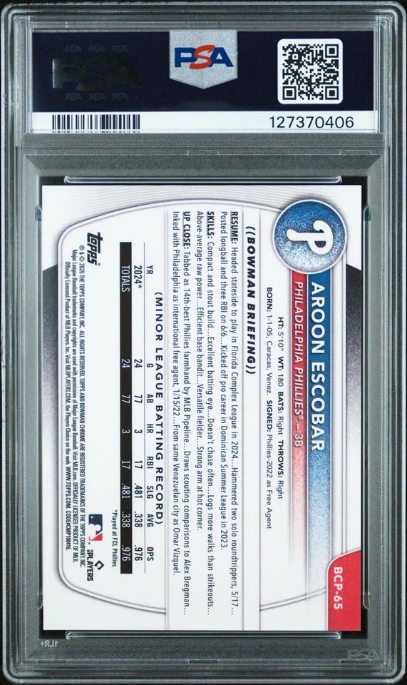 2025 Bowman - Chrome Prospects Aroon Escobar /199 Fuchsia Refractor #BCP-65 (RC) - Image 2 of 3