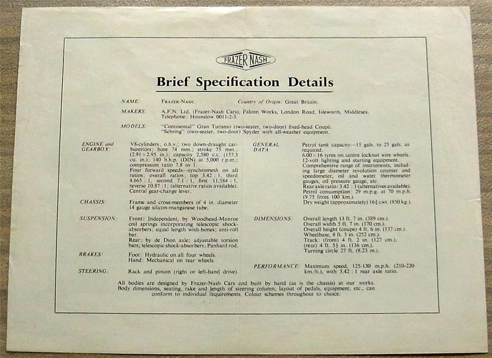 FRAZER NASH GRAN TURISMO FIXED HEAD COUPE Car Sales Specification Leaflet 1958 - Image 2 of 2