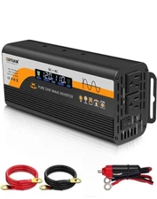 500W Pure Sine Wave Inverter (1000W Peak), 12V/24V Auto-Detect, Black-500W