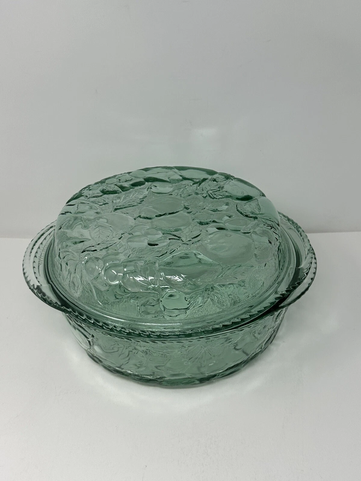 Orchard Fruit Libby Green Glass Baking Casserole Dish W/Pie Plate Lid 3 Quart