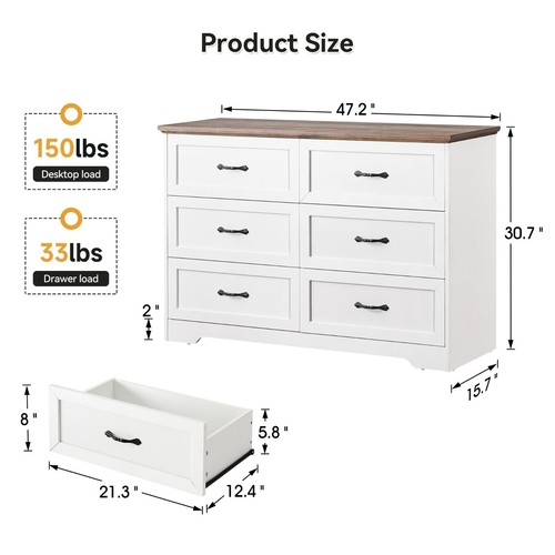 55'' TV Stand Double Dresser for Bedroom Chest of 6 Drawers Wood Cabinet Storage - Picture 29 of 35