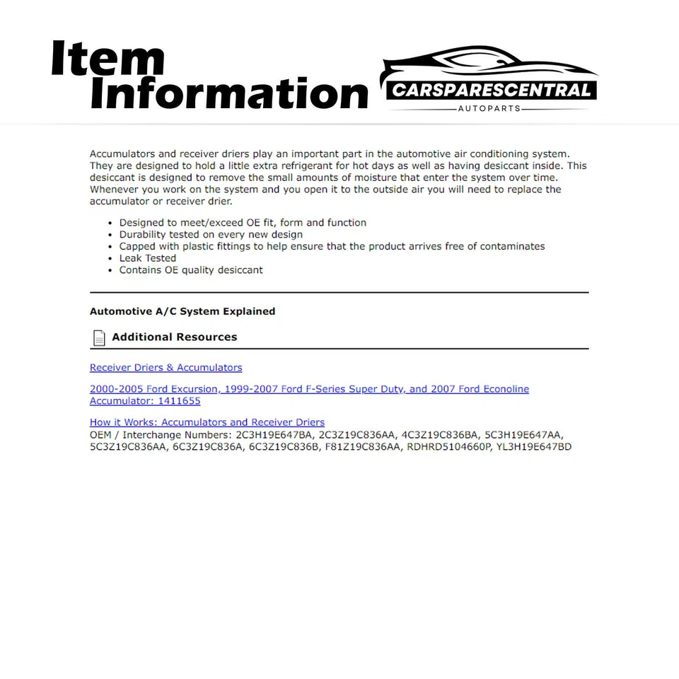 Acumulador de aire acondicionado para Ford Excursion 6,8 L 2000-2005 Ford Excursion 6,0 L 2003-2005 Foto 3 de 3