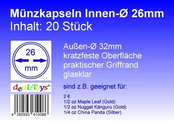 DEAL-TOYS® 20 Münzkapseln 26mm, geeignet für 2 Euro Münze