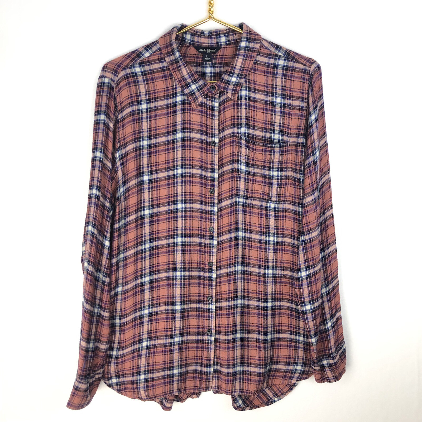 Lucky Brand Womens Sz L Flannel Plaid Button Front Bungalow Shirt Split Tail