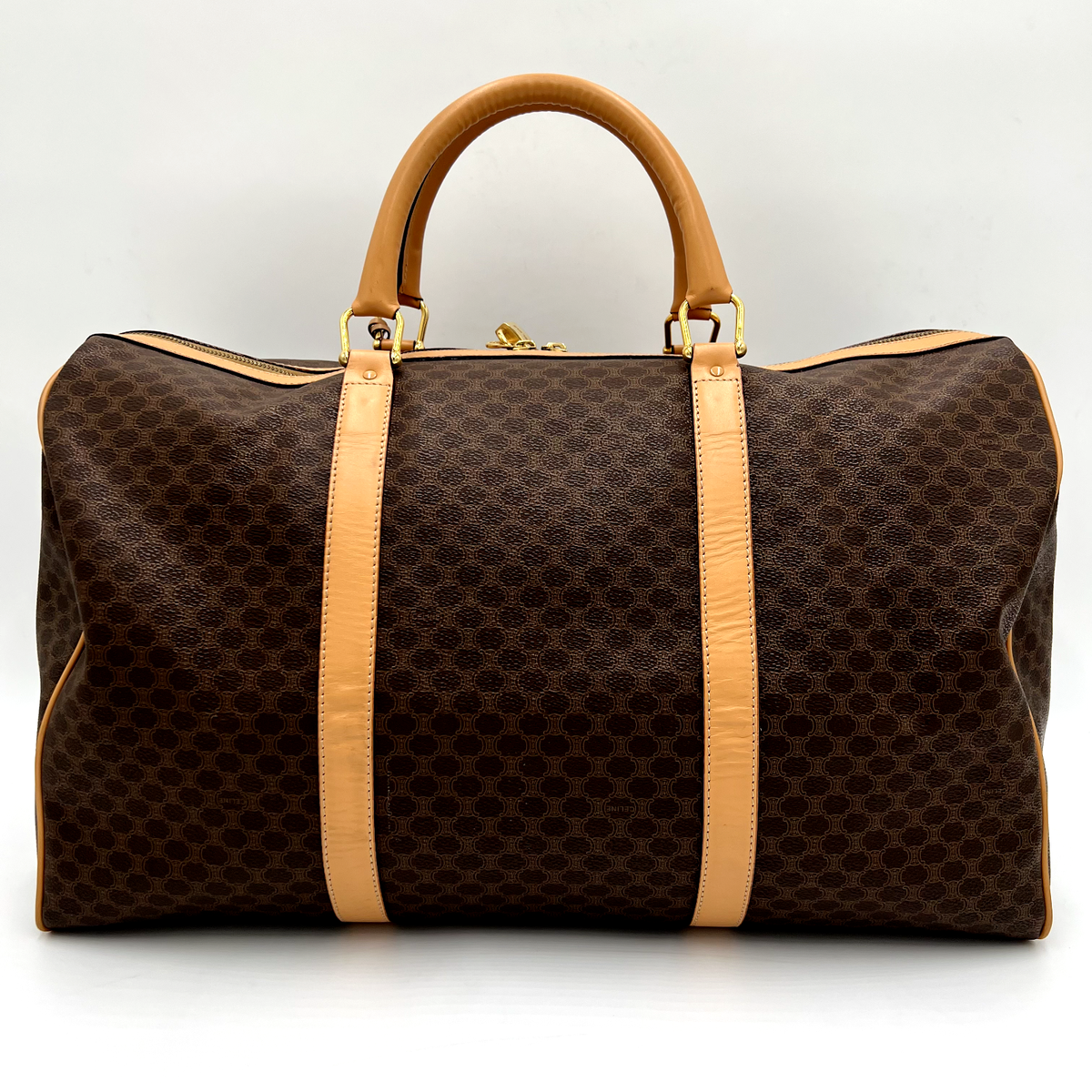Vintage 90's CELINE Travel Boston Bag Macadam Brown Beige PVC