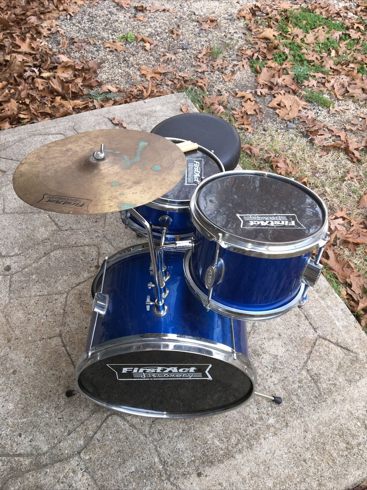 First Act Kids Mini Drum Set Kit Metallic Blue 14” Kick 8” Snare Tom 9” Cymbal