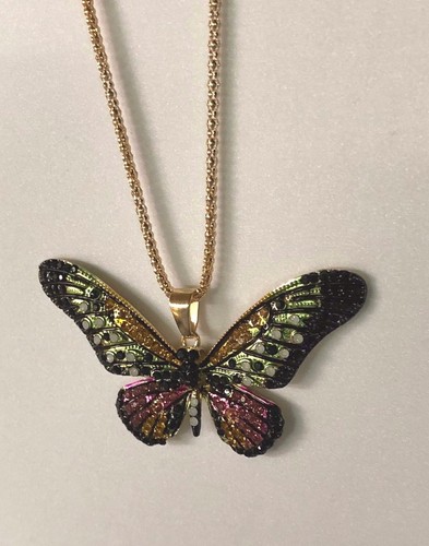 Betsey Johnson Necklace BUTTERFLY Green Pink Gold Crystals Gift Box Bag - Picture 7 of 12