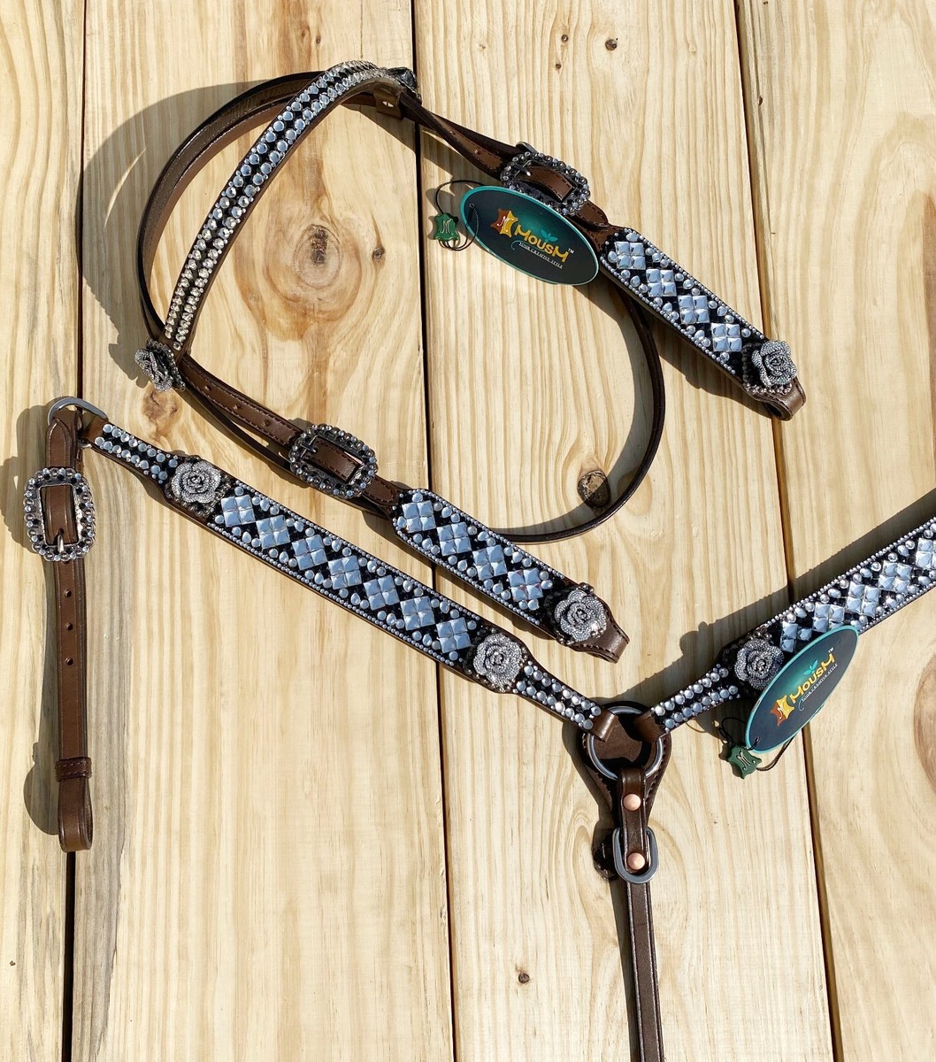 CROWNIX Western Headstall & Breast Collar Tack Set - Premium Leather, Adjustable, For Trail Riding & Shows