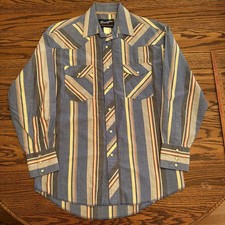 Vintage Wrangler Pearl Snap Blue Plaid Cowboy Cut Western Shirt Sz L / XL USA