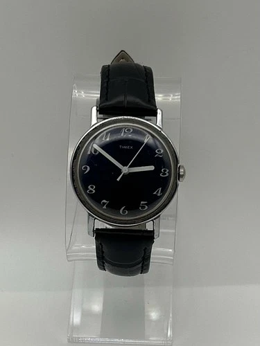 Vintage Timex Mechanical Manual Wind Dress Watch Blue Dial33mm Runs Good!