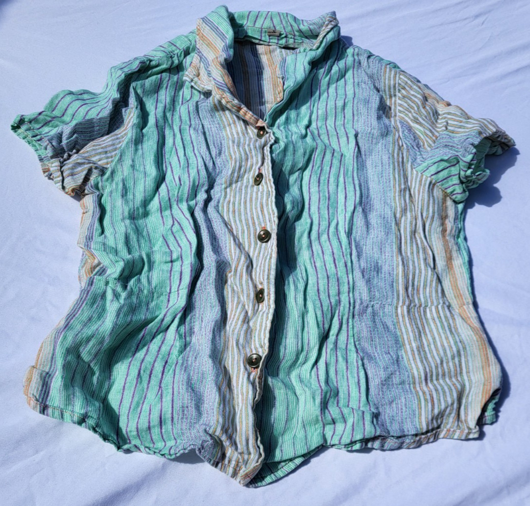 Flax Shirt Womens Small Striped Short Sleeve Collared Button Down Linen Bohemian