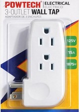 3 Outlet Wall Tap Adapter Grounded Plug 125V 15A Power Splitter Indoor White