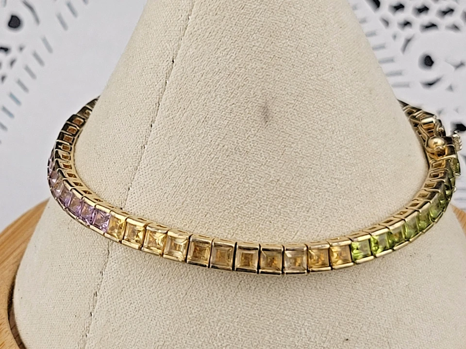 😍Signed SETA Gemstone Rainbow Vermeil Gold on Sterling Tennis 7.25" Bracelet - Image 2 of 4