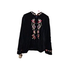 Whimsigoth Black Velvet Vintage Jacket Dark Floral Embroidered Size Xl Witchy
