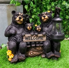 Ebros Beacon of Happiness Black Bear Welcome Sign Statue with Solar Lantern