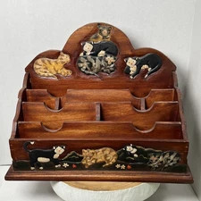Large Wood Cat Folk Art Hanging Or Tabletop Organizer Bills, Desk, Crafts, Etc.
