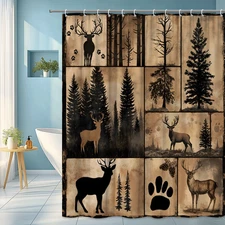 Deer Forest Shower Curtain Rustic Woodland Elk Cabin Lodge Style