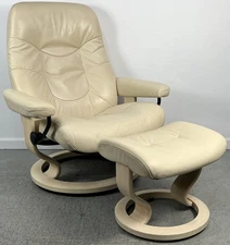 Ekornes Stressless Large "Grand Concord" Cream Leather Swivel Recliner & Ottoman