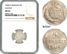 AL985, Germany, Saxony, Friedrich August I, 8 Pfennige 1808 H, Dresden, NGC MS62