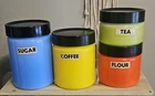 Vtg Anchor Hocking Fire King Milk Glass Primary Colors Canister Set Lids Labels