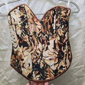 Brown Brocade Floral Tapestry Boned Corset Cincher Bustier Top Size Small