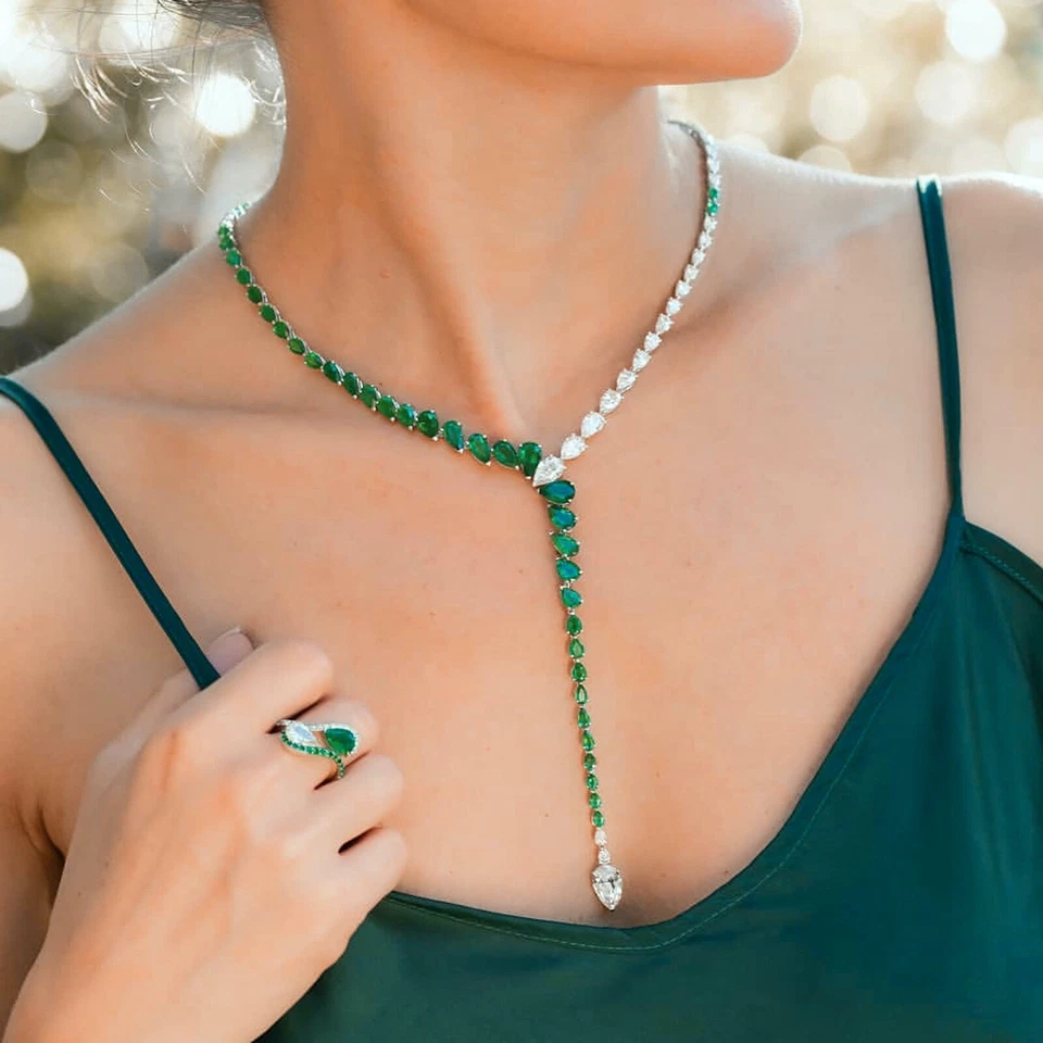 18k White Gold Plated Lab-Created Green Emerald Necklace Earrings Set Women Gift