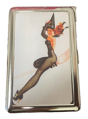 pin up girl cigarette case Pin up Witch D2 100's Size Cigarette Case with Built in Lighter Metal  Wallet