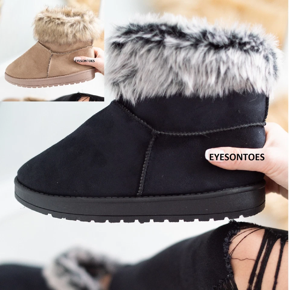 WOMENS ANKLE LADIES WARM WINTER FAUX FLUFFY FUR LINED SNUGG SHOES BOOTS SIZES UK