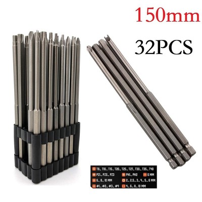 32pcs 150mm Long Torx Tamper Proof Spanner Screwdriver Drill Bit PH1 PH2 PZ1 PZ2