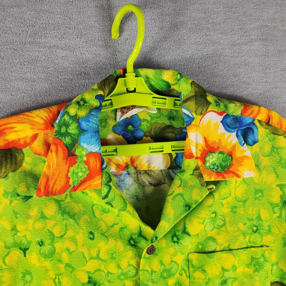 Sears Vintage Green Blue Orange Bright Floral Barkcloth Hawaiian Shirt M 70's - Image 3 of 4