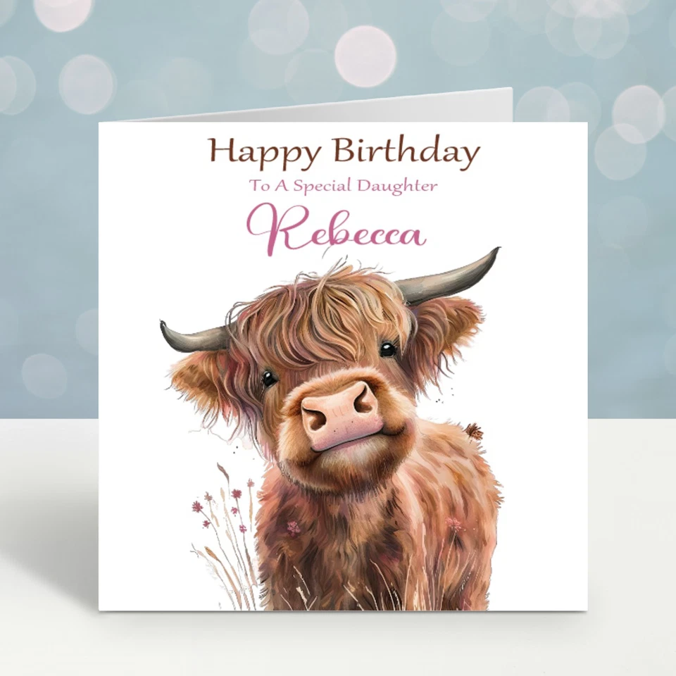 OPALDESIGNS Personalised Highland Cow Birthday Card Female Wife Daughter Sister Niece Friend