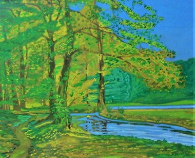 P.Hacker (XX) signiert impress: TOP-Aquarell~1955: FRÜHLINGS-LANDSCHAFT WALD u.a