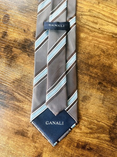 Canali Necktie Silk Brown And White Diagonal Striped Designer Tie Made In Italy - 第 6/6 張圖片