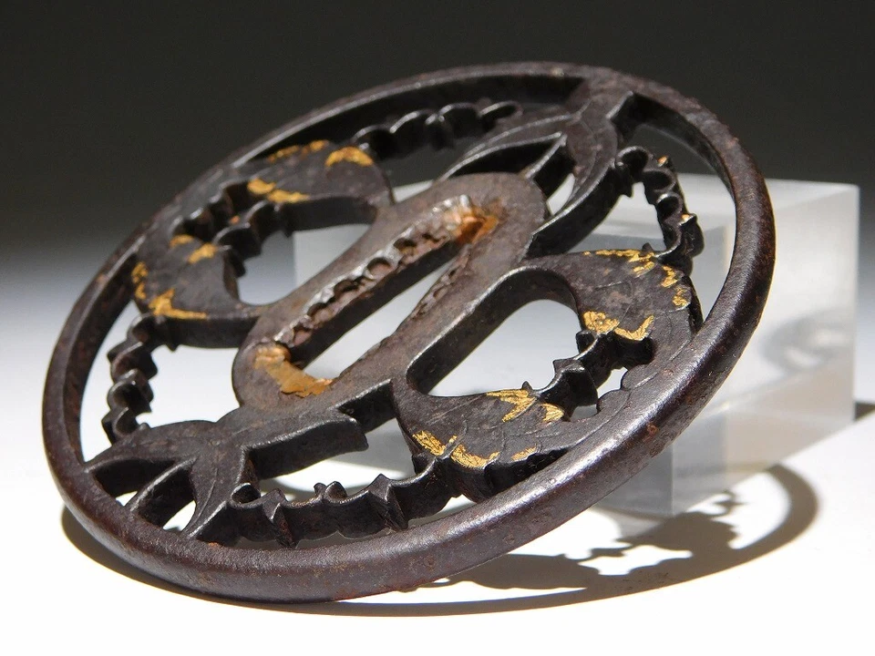 Grande épée tsuba ancienne Katana Tsuba Edo ajourée ajourée de haute qualité - Photo 3/4