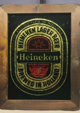 Vintage Heineken Beer 14.75" x 18.75" Wood Framed Mirror Style Sign Holland