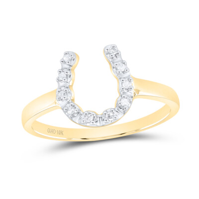 10kt Yellow Gold Womens Round Diamond Two-tone Simple Lucky Horseshoe Ring