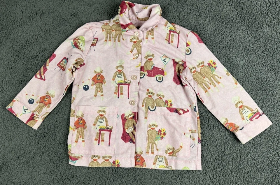 Nick Nora Kid XS 5 Girls Pink Sock Monkey Pajama Set 2pc Flannel Button Pockets - Image 2 of 4