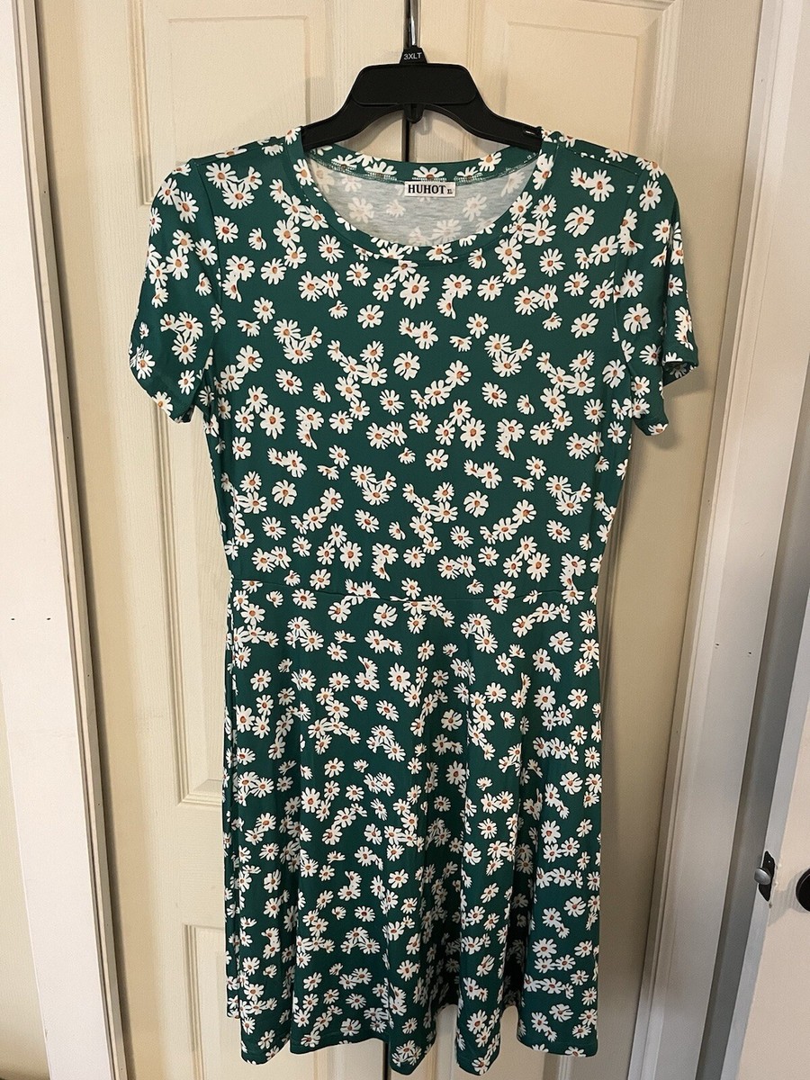 huhot casual dresses Green Daisy Floral Short Sleeve Fit & Flare Dress Women's Size XL Color:CABERNET santa smocked Denim Plaid Sleeveless Maxi Formal dress