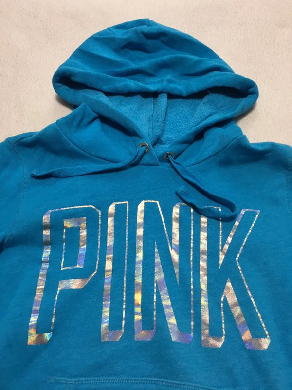 UNDERCOVER Felpa con cappuccio Victoria's Secret rosa XS blu argento logo olografico