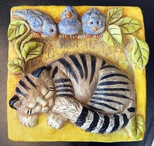 VTG Stone Bunny Telle M Stein Sleeping Kitty w/ Birds #0390 Wall Plaque 2003 8"