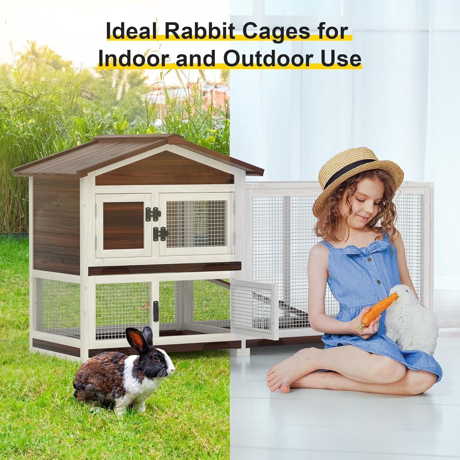 Rabbit Hutch Indoor Outdoor 2 Story Bunny Cage with 3 No Leak Trays