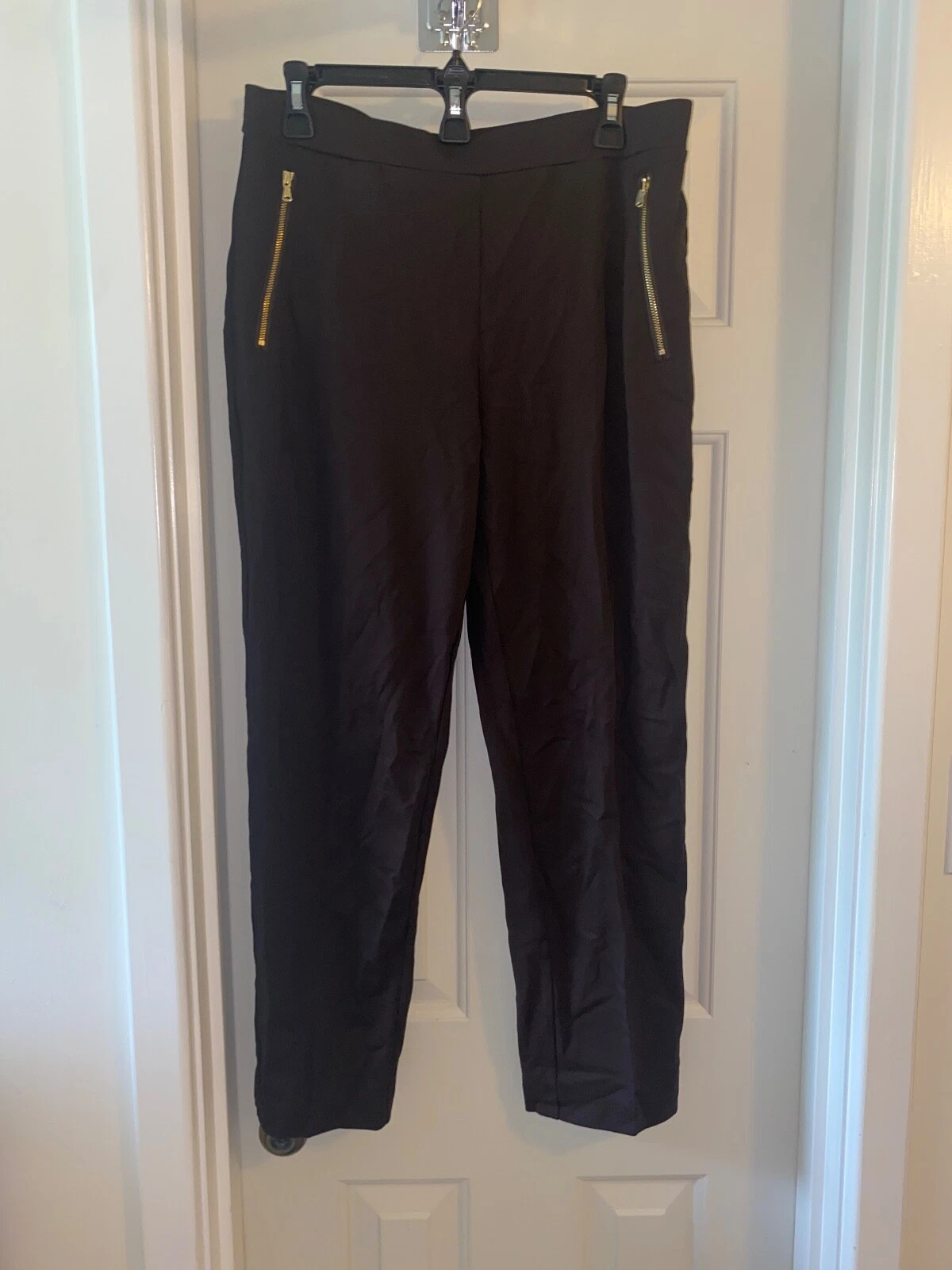 SUSAN GRAVER Supreme Knit Slim Leg Pants w/ Zipper Detail DARK BROWN sz MEDIUM