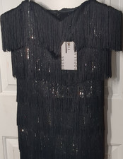 Dress The Population Black Fringe Sequin Sleeveless Sheath Midi Dress Party L