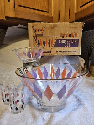 Vintage MCM Anchor Hocking Chip and Dip Bowls Set Harlequin Pattern with  Box